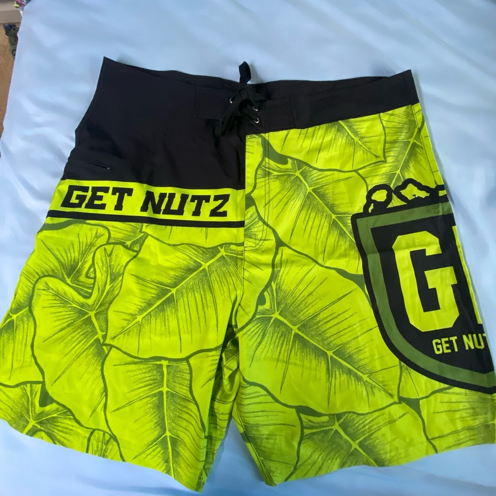 Neon Green Leaf Print Men's Swim Trunks
